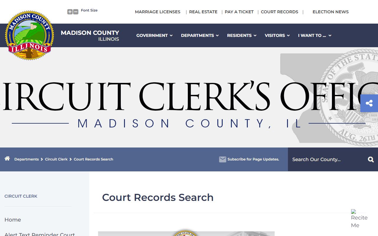 Madison County court records search page for criminal history