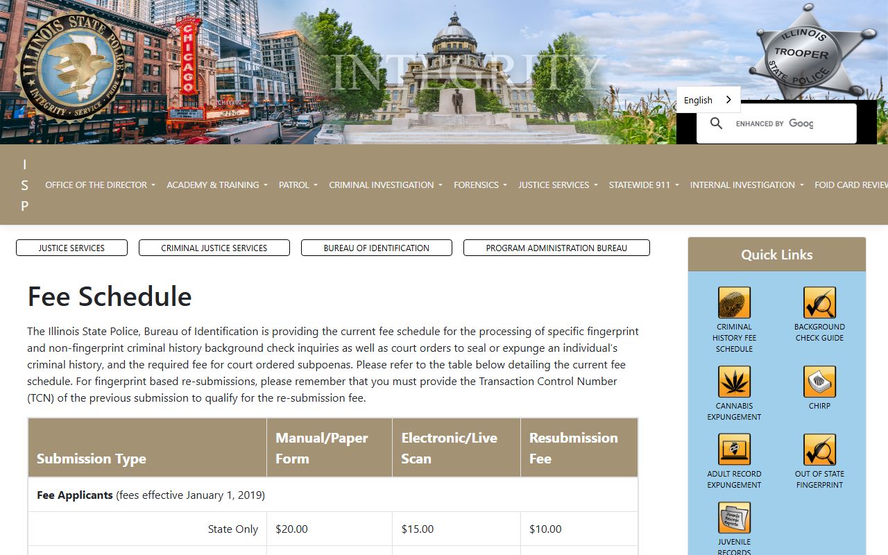 Illinois State Police criminal history fee schedule
