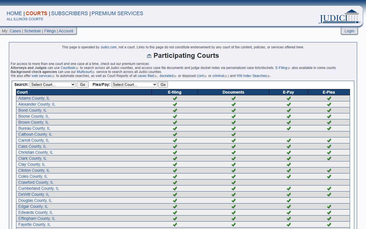 Judici court list showing Illinois counties with criminal history court records